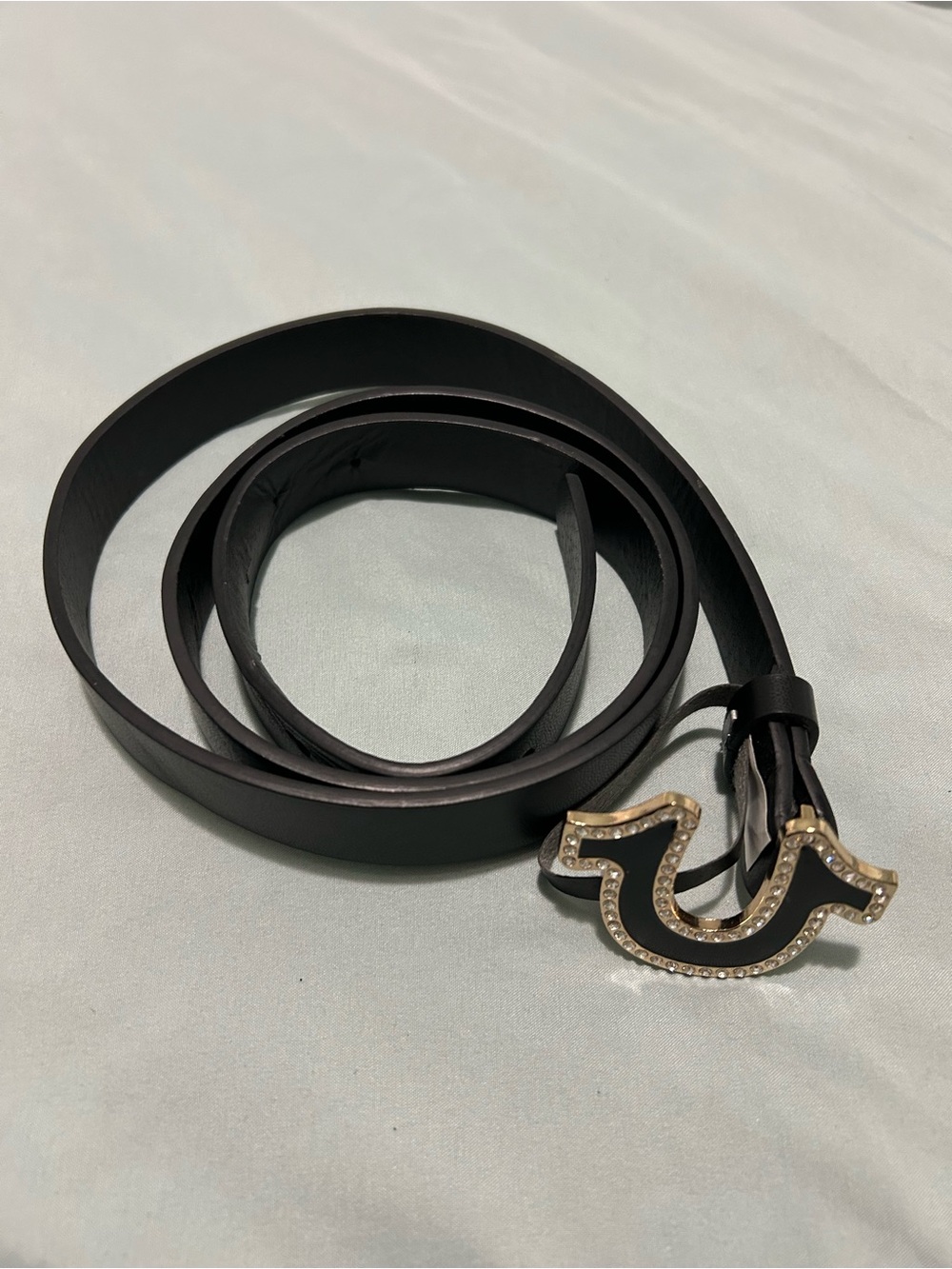 Vintage Black Womens Leather Belt with Rhinestone Horsebit Accent